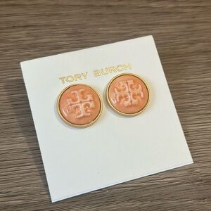 Tory Burch Coral and Gold Logo Earrings